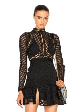 Self-Portrait Black Long-Sleeve Hall Lace Mini Dress